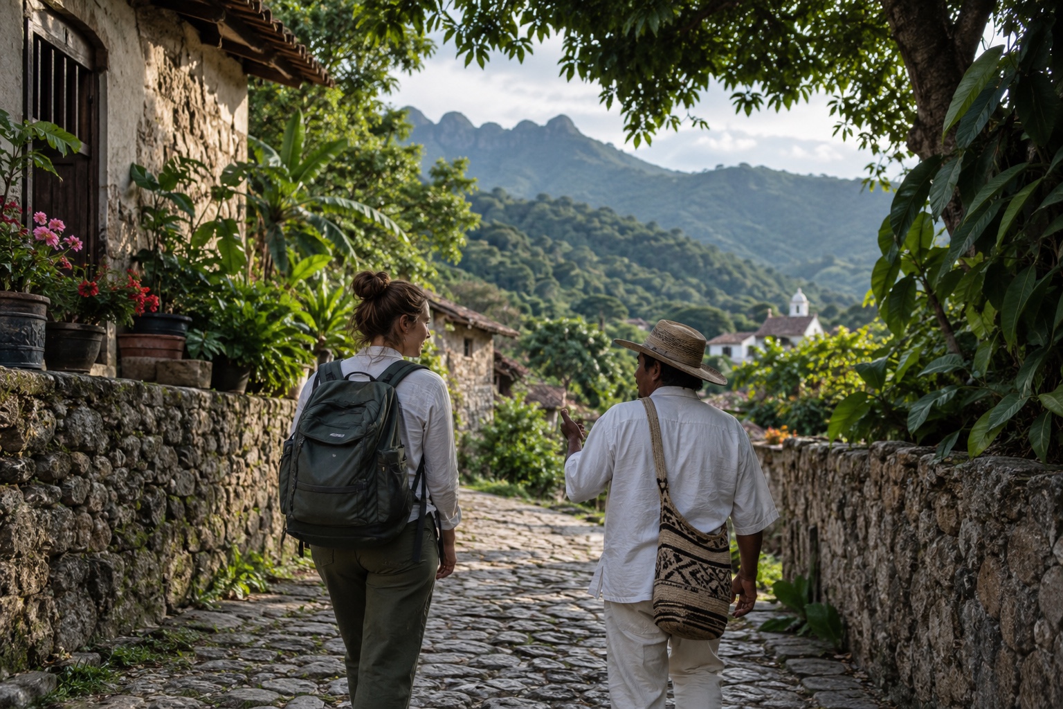 A traveler and local guide walking together through a mountain village in Mexico